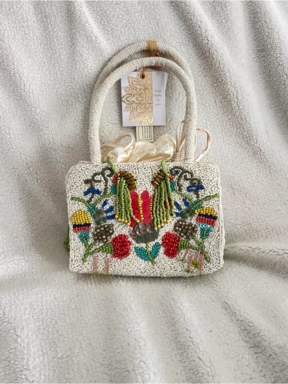 Embellished Cream Beaded Mini Tote with Floral Accents